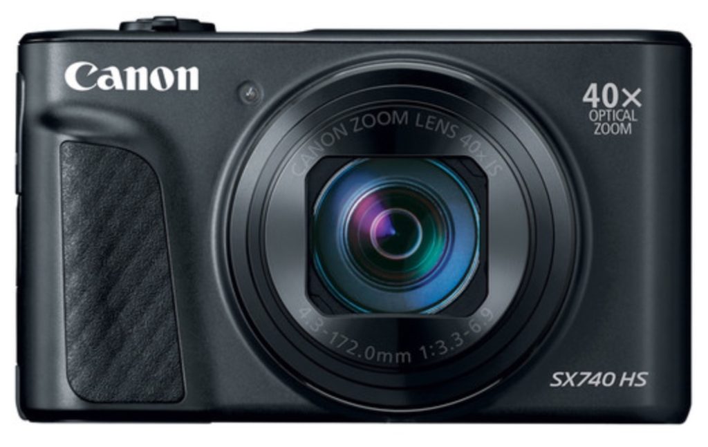 A Canon SX740 HS camera featuring 40x optical zoom and a textured grip.