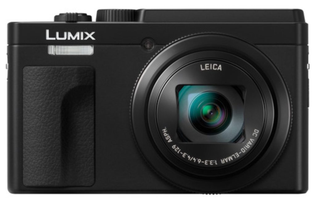 Front view of a black Lumix digital camera with a Leica lens, featuring a textured grip and various control buttons.