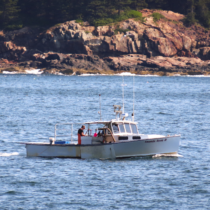 A small fishing boat with a person on board sails near a rocky coastline under a clear sky.