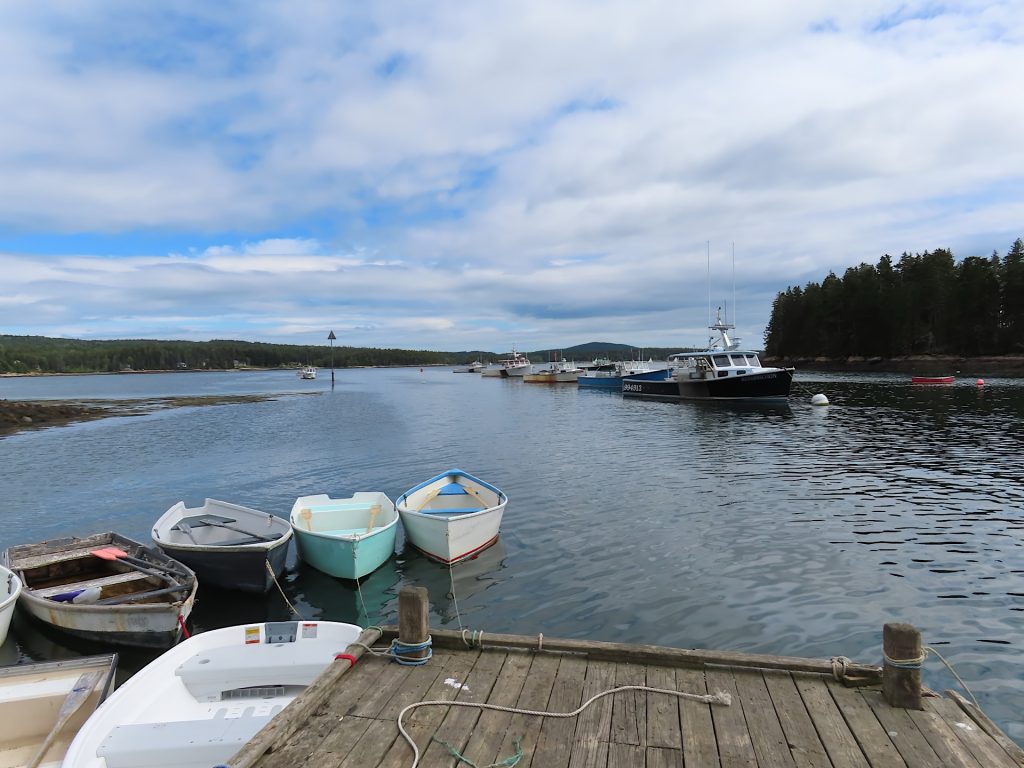 A wooden dock with several boats in a calm bay under a partly cloudy sky, surrounded by trees.