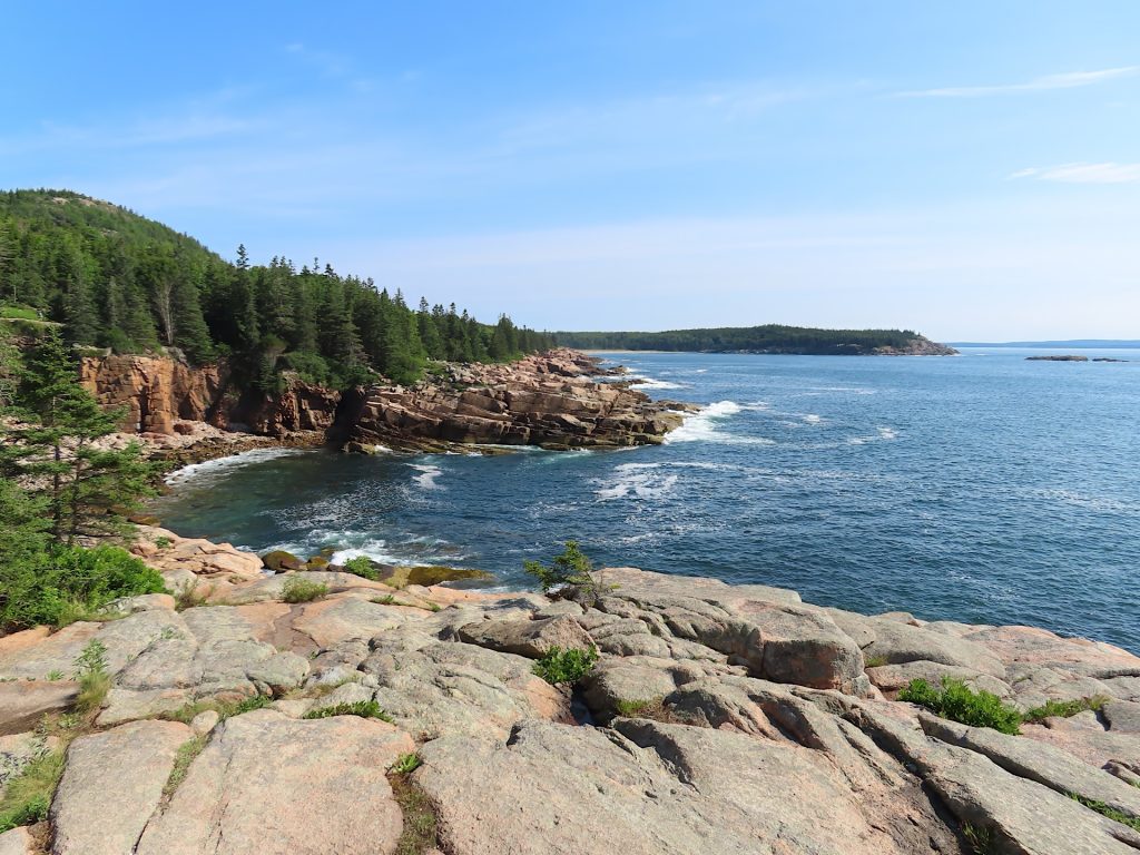 Coastal landscape with rocky cliffs, pine trees, and ocean waves under a clear blue sky.