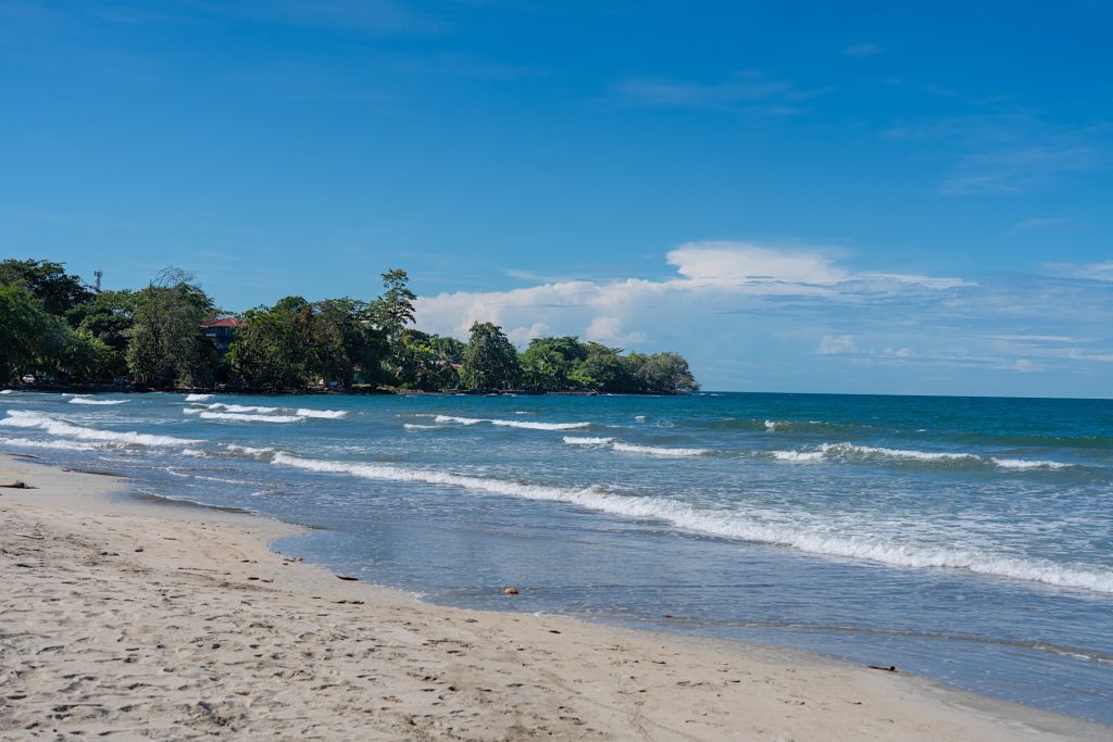 A sandy beach with gentle waves under a clear blue sky. Lush greenery lines the coastline in the distance.