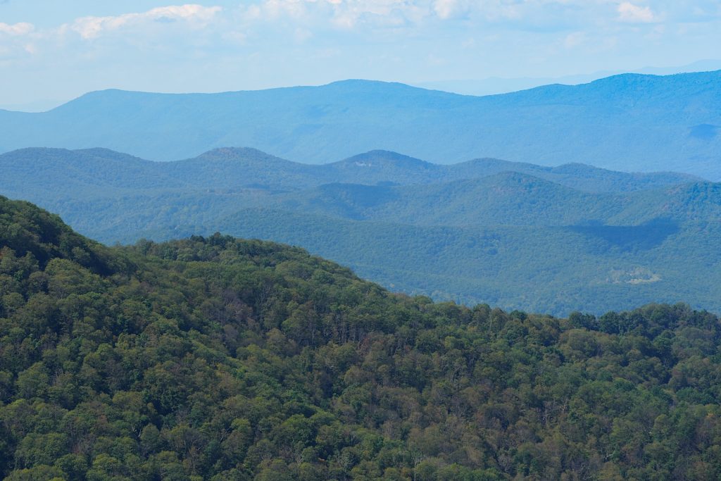 Rolling green hills and dense forest under a bright blue sky with wispy clouds.