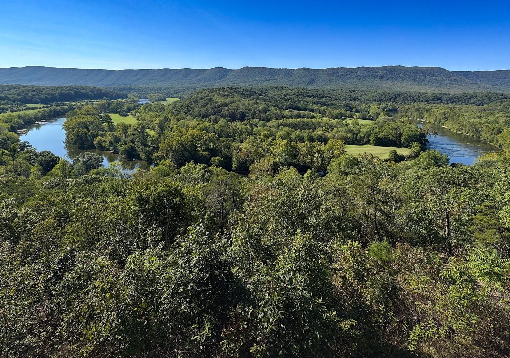 Aerial view of a lush green landscape with a river winding through dense forests and fields, under a clear blue sky. Mountains form the backdrop.