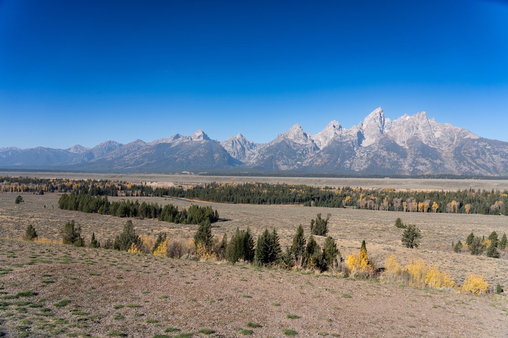 A scenic landscape featuring a range of mountains under a clear blue sky, with grassy plains and scattered trees in the foreground.