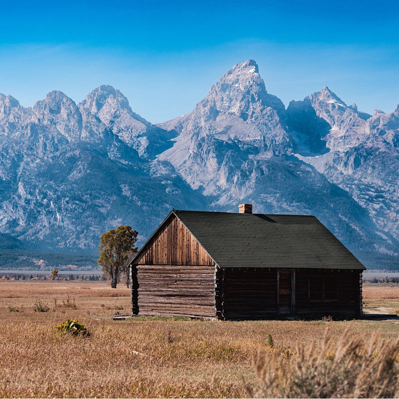 A wooden cabin stands in a grassy field with the Teton mountain range in the background under a clear blue sky.