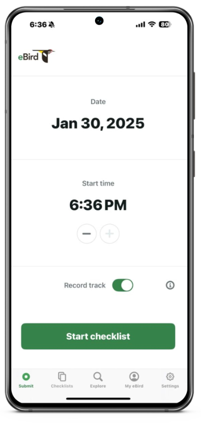 Smartphone screen displaying the eBird app. The date is set to Jan 30, 2025, with a start time of 6:36 PM. Options to record track and start checklist are visible.